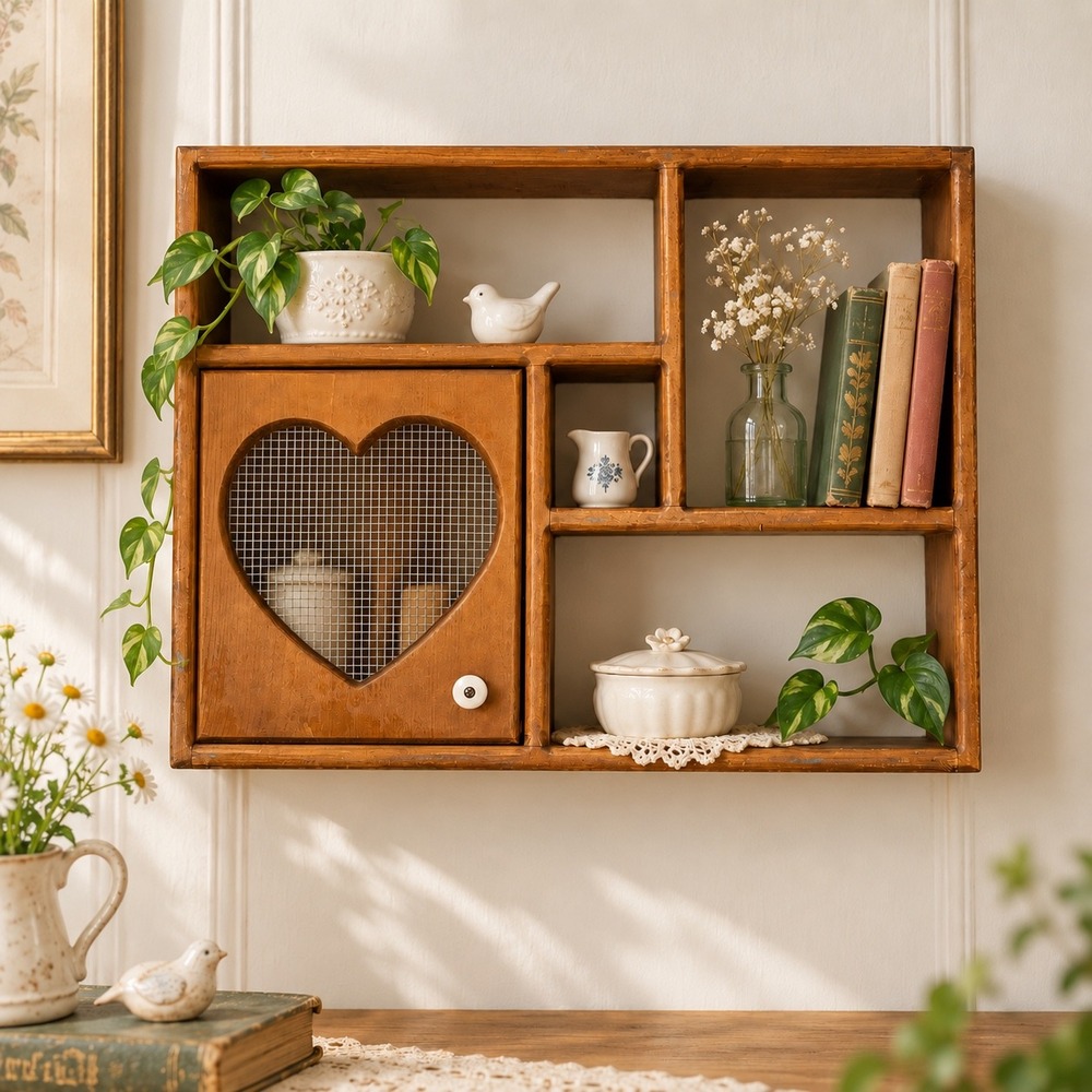Vintage Wooden Heart Wall Shelf Cubby Organizer Primitive Cottagecore Farmhouse